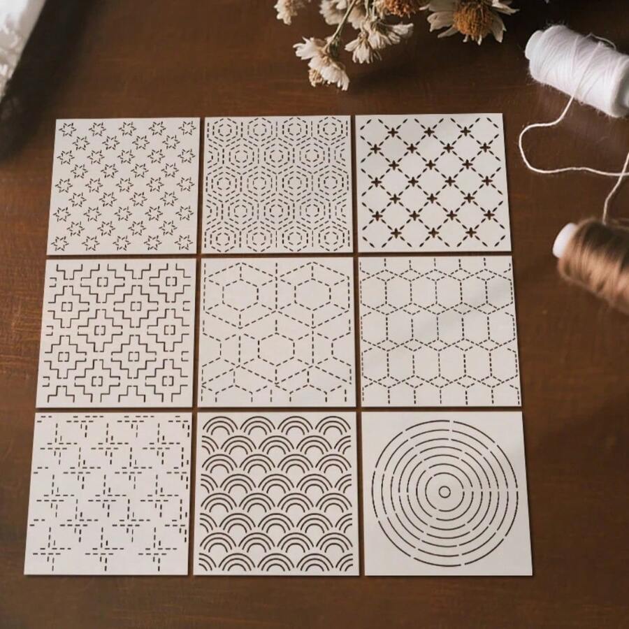 9件套可重复使用的PET刺绣模板，DIY几何线条缝纫图案模板 - mb-1套 - 查看 1