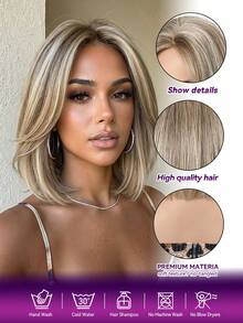 10 Inch Ash Blonde With Golden Highlights Bob Wigs For Women, Machine Made Heat Resistant Synthetic Wig With Bangs - Gold - View 8