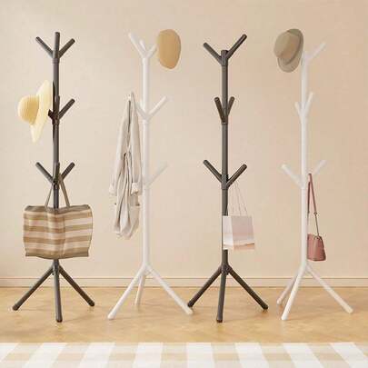 1pc White 9-Hook Floor Standing Coat Rack, Nordic Minimalist Single Rod Bedroom Clothes Hanger - No Installation Required, Sturdy Household Clothing/Hat/Bag/Towel Hooks, Free-Standing Coat Rack, Sized For Daily Balanced Garment Hanging