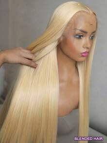 200% 密度 13x4 蕾丝前直发假发，巴西原生发假发，#613 金色纤维混纺假发，13x4 耳到耳蕾丝前长发，预先拔毛，自然发际线，30 英寸长假发，适合日常佩戴 - S613 - 查看 2