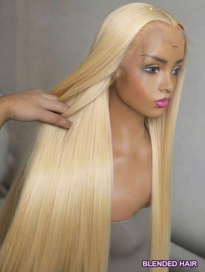 200% 密度 13x4 蕾丝前直发假发，巴西原生发假发，#613 金色纤维混纺假发，13x4 耳到耳蕾丝前长发，预先拔毛，自然发际线，30 英寸长假发，适合日常佩戴