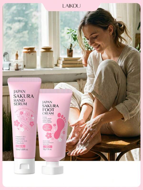  1 Set LAIKOU Cuidado Corporal Estilo Sakura de Japón (Esencia Hidratante de Manos de Sakura 50ml + Crema de Pies Anti-Grietas de Sakura 50g), Adecuado para Viajes, Campamentos, Senderismo, Montañismo, Actividades al Aire Libre, Adecuado para Mujeres, Madres, Esposas, Hermanas, Novias