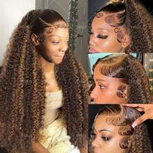 VIOLLY Jerry Curly 32 Inch 13*6 HD Transparent Lace Front Ear To Ear Free Parting 200% Density Melted Hairline Baby Hair Pre Plucked Pre Bleached Knots Heat Resistant Human Hair Blend Long Luxury Wig #P4/27 Ombre Highlight For - SP4/27 - View 4