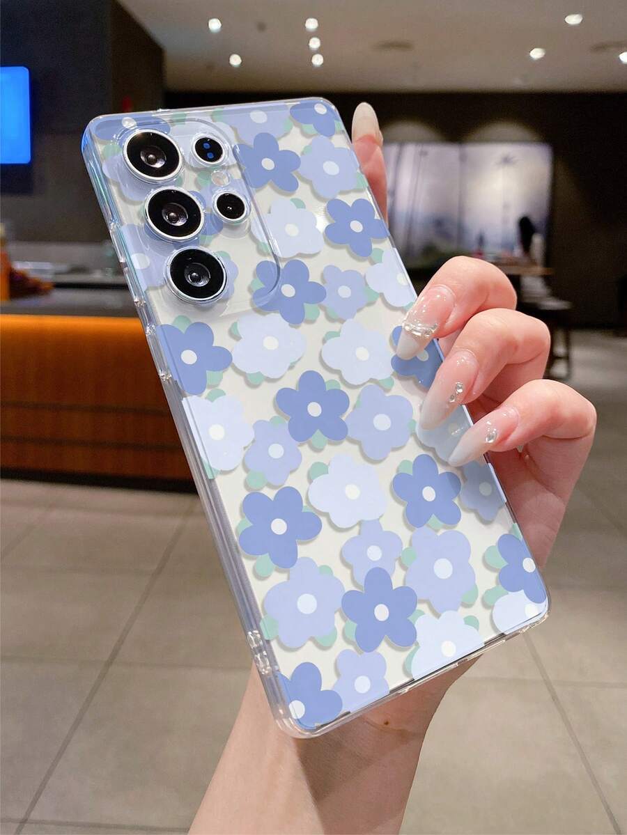 1pc Oil Painting Blue Flower Pattern Android Phone Case, Precise Cutout Camera Protection Suitable For Samsung Galaxy S25 Ultra/Galaxy S24 Ultra/S24/S23 Ultra/A56 5G/A55 5G/A52s 5G/A26 5G, Nothing, Pixel, Protective Cover - Clear - View 1