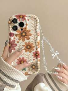 Minimalist Line Flower Gradient Pattern 2D Printed Thick Anti-Drop Phone Case, Paired With White Faux Pearl Bow Lanyard, Suitable For Self-Use Or Gift, Compatible With IPhone 11/12/13/14/15 Pro Max, Galaxy A04/A05/A13/A14/A15/A24/A25/A35/A54/A55/S23/S24 - White - View 3