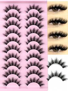 10对蓬松仿貂毛假睫毛，纤细、浓密、卷翘，3D自然款，适合派对和日常佩戴，猫眼造型 - 黑色 - 查看 1