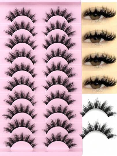 NAIJEMA 10 Pairs Fluffy Faux Mink Eyelashes, Thin, Thick, Curly, 3D Natural Styles, Suitable For Party And Daily Wear, Cat Eye Design