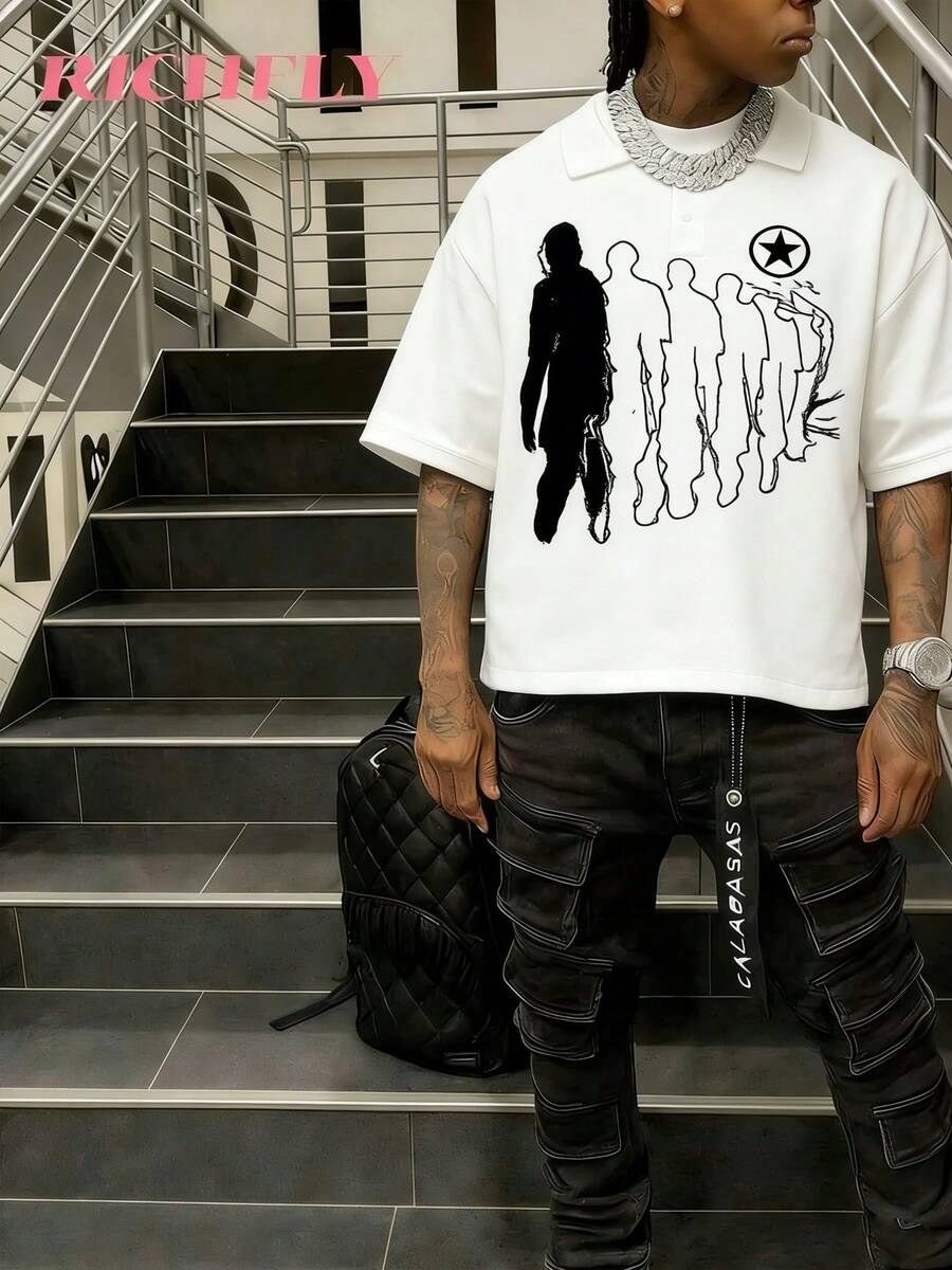 RICHFLY Big Head Print Men's Summer Round Neck Short,Streetwear Style,Y2k Style Manfinity Sleeve Casual Cotton Cotton T-Shirt,Halloween - trắng - Xem 1