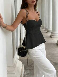 1 Piece Women's Casual Top With Ruffled Hem, Elegant Pure White Minimalist French Tank Top, Fitted Cropped Camisole, Lightweight For Vacation And Work, Front Tied Strap, Sexy Babydoll Silhouette, Spring/Summer/Autumn - 黑色 - 查看 3