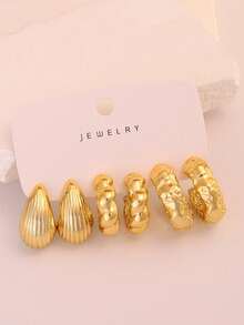 6/18件男士纯金耳环套装，包含花朵、圆形扭纹、心形、水滴形、编织形、多种C形设计，低过敏性厚金耳环，时尚优雅，适合日常佩戴、派对和送礼。 - 金色 - 查看 8