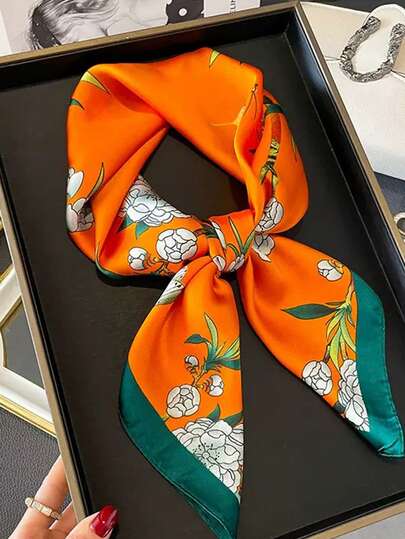 1 pieza Pañuelo de seda satinada sintética de lujo y moda con estampado, pañuelo versátil para mujer, chal, adecuado para viajes, vacaciones, ocasiones casuales, también se puede usar como accesorio de cuello para ir al trabajo