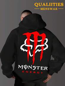 The Men's Style Is Suitable For Black Casual Fashion Hooded Plush Warm Hooded Sportswear In Spring And Autumn Or Winter. The Green Background And White Pattern Claw Mark Logo Are The Core Visual Elements. The Back Is Printed With A Large Size And The Chest Is Printed With A Small Logo, And The Arms Are Printed With The Word "MONSTER". This Multi-Functional Sports And Casual Loose Fit Is Suitable For Daily Travel And Street Wear, Made Of Soft Fabric - 黑色 - 查看 2