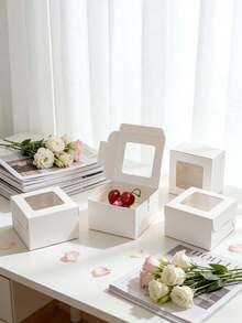 10pcs/20pcs 4*4*2.5 Inch High Quality Cake Boxes, Made Of White Cardboard And Kraft Paper With Square Window, Ideal For Mini Cake Packaging And Picnic Carrying - View 1