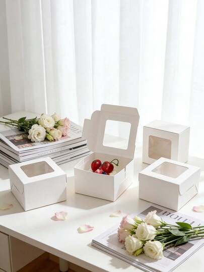 10pcs/20pcs 4*4*2.5 Inch High Quality Cake Boxes, Made Of White Cardboard And Kraft Paper With Square Window, Ideal For Mini Cake Packaging And Picnic Carrying