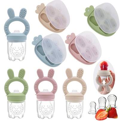 Baby Fruit & Vegetable Teething Toy + Ice Tray 2 Pieces Set, Rabbit Design Teether + Carrot Ice Tray, Nipple With Pusher Design