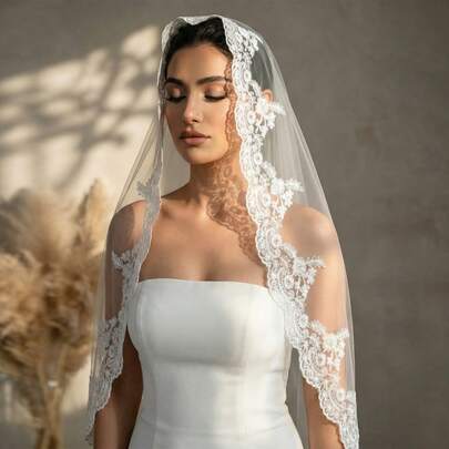 1 pezzo Velo da sposa in pizzo senza pettine, velo elegante adatto per abito da sposa, accessorio per la cerimonia di matrimonio in chiesa