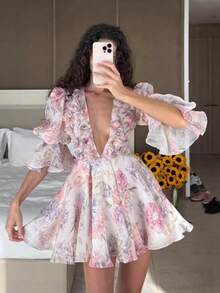 Women's Dress Sweet Beautiful Seaside Vacation Style Fashion V-Neck Bubble Sleeves Medium Sleeves Waist Cinching Fresh Flower Print Artistic Sense Short Skirt - 粉色 - 查看 1