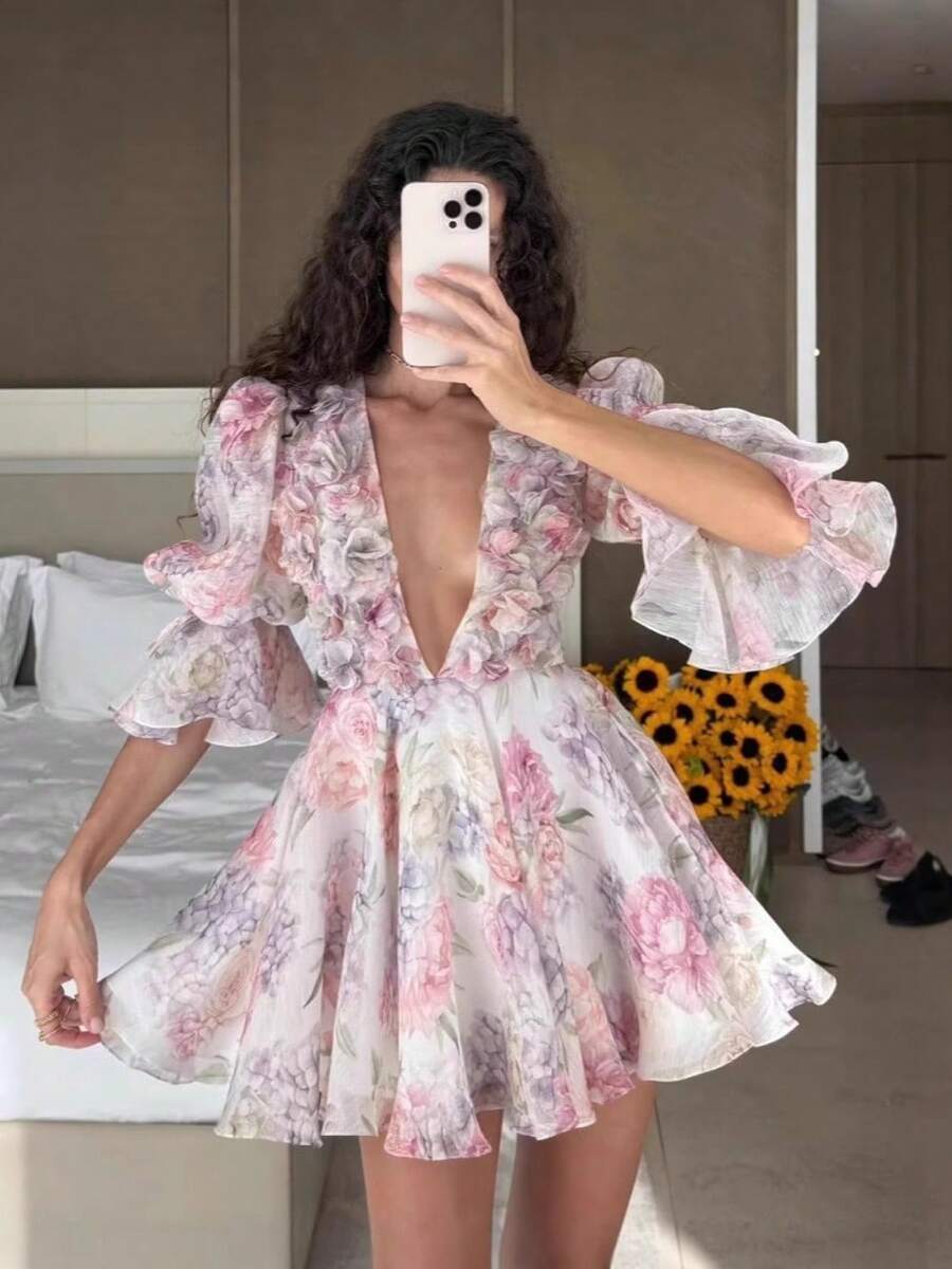 Women's Dress Sweet Beautiful Seaside Vacation Style Fashion V-Neck Bubble Sleeves Medium Sleeves Waist Cinching Fresh Flower Print Artistic Sense Short Skirt - 粉色 - 查看 1