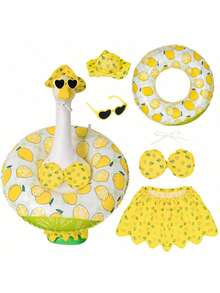 Hawaiian Porch Goose Outfits Summer Bikini Goose Outfit Fits 23" Goose Statue With Hat Fashion Glasses & Swimming Ring For Cement Yard Decor(Lemon) - Lemon - View 2