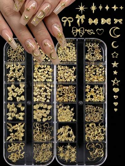 2Box Gold Metal Nail Charms Kit, 3D Hollow Heart Butterfly Moon Star Rhinestone Nail Art Decorations, DIY French Tip Nail Accessories For Jewelry Making & Manicure