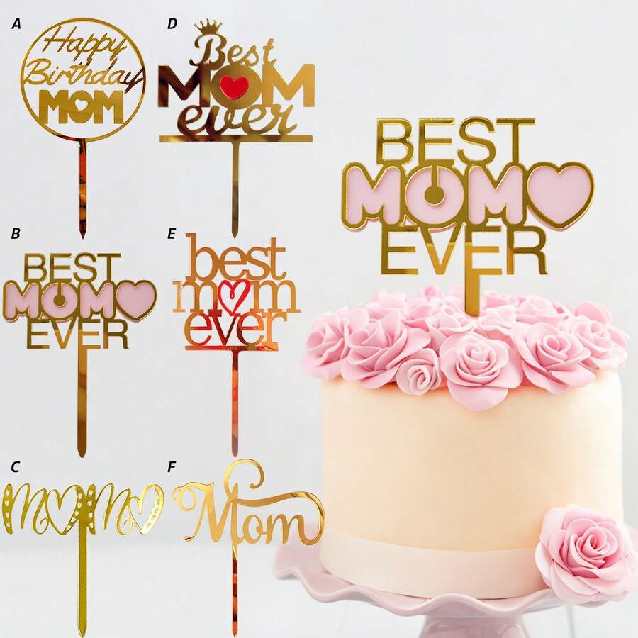 1个/3个/6个装 最佳妈妈金色粉色亚克力蛋糕装饰牌，母亲节派对用品 - 多色 - 查看 1