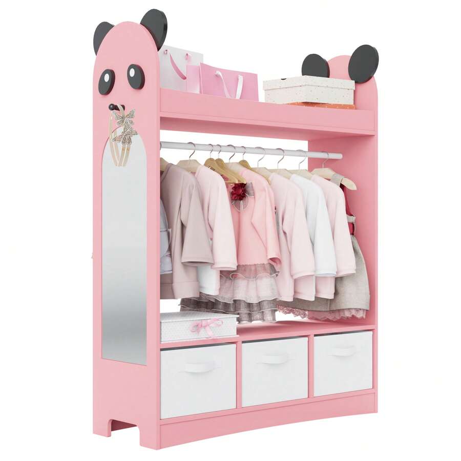HEDOAJIM Kids Armoire With Mirror, Dress Up Closet With Storage Bins And Shelves, Princess And Costumes Wardrobe For Bedroom, Kids Room - Pink - View 1
