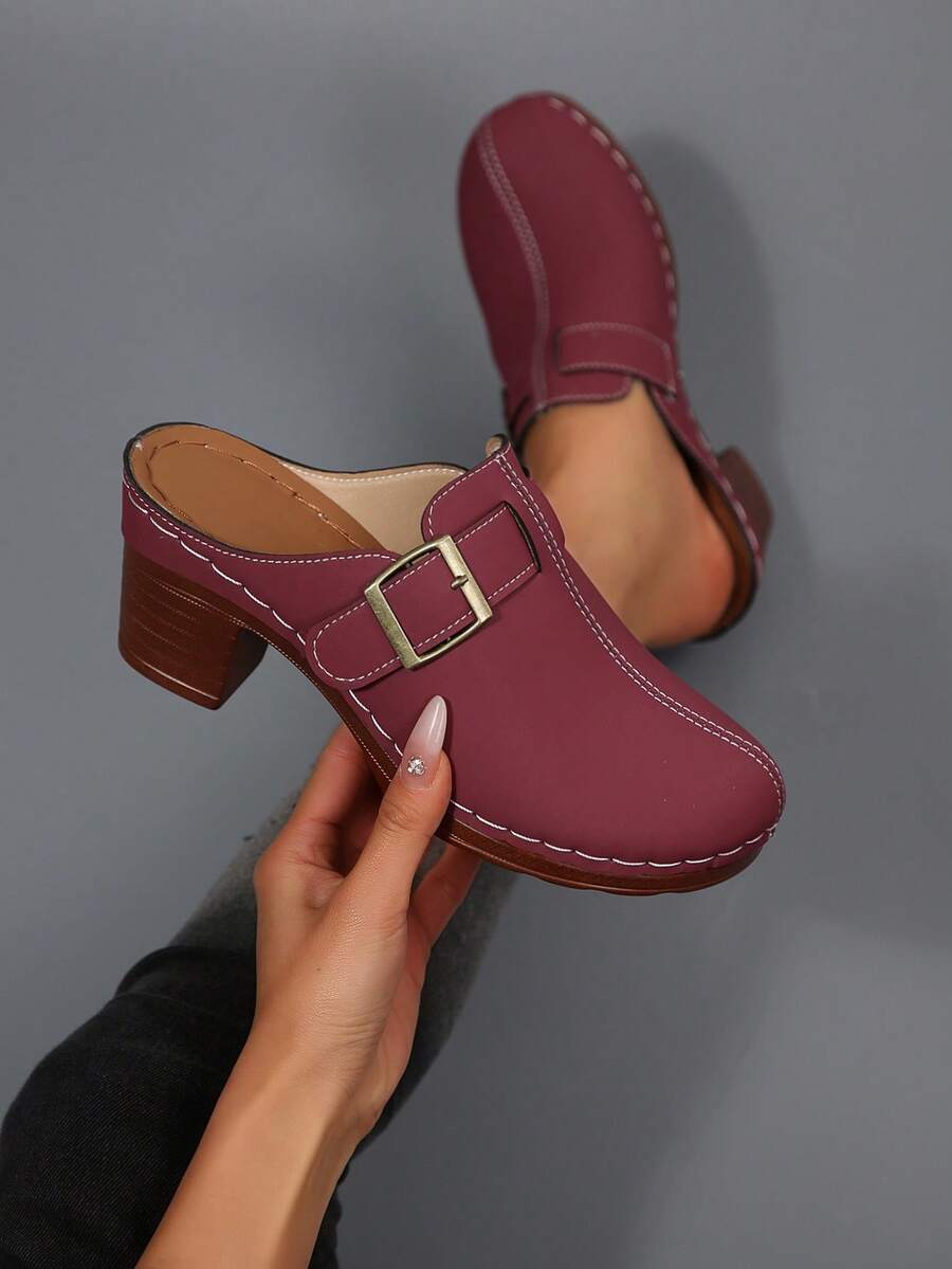 Eleganti mule con tacco alto slip-on da donna, sandali senza retro versatili alla moda con fibbia, adatti per uso casual quotidiano e varie occasioni - Rosso scuro - Visualizzare 1
