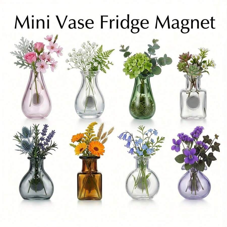 Mini Hydroponic Vase Fridge Magnets Set - Clear Glass Propagation Station For Real Flowers - Cute Kitchen & Locker Decor. - Ultimate Garden Set (8 Pcs) - Best Value - View 1