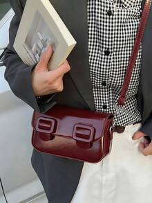 Casual Flap Shoulder Bag, Retro Messenger Crossbody Square Bag, College Style - Burgundy - View 1