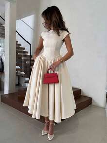 优雅简约时尚休闲复古喇叭短袖纯色褶皱拉链女士长连衣裙，适合晚宴、度假、上学、办公、海滩、夏季等场合。 - 杏色 - 查看 4