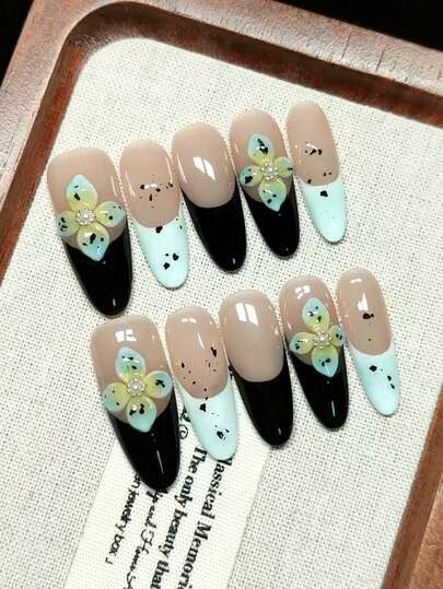 10 Pieces Of Handcrafted Wearable Nail Stickers, Press-On False Nails, French Dual-Color Design, 3D Hope Flower Pattern, Fashionable And High-End, Reusable, It Is The Best Gift For Girls. Handmade Press On Nails