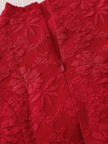 Left Mama 少女优雅红色短袖提花连衣裙，适合宴会和情人节穿着，夏季款 - 紅色 - 查看 8