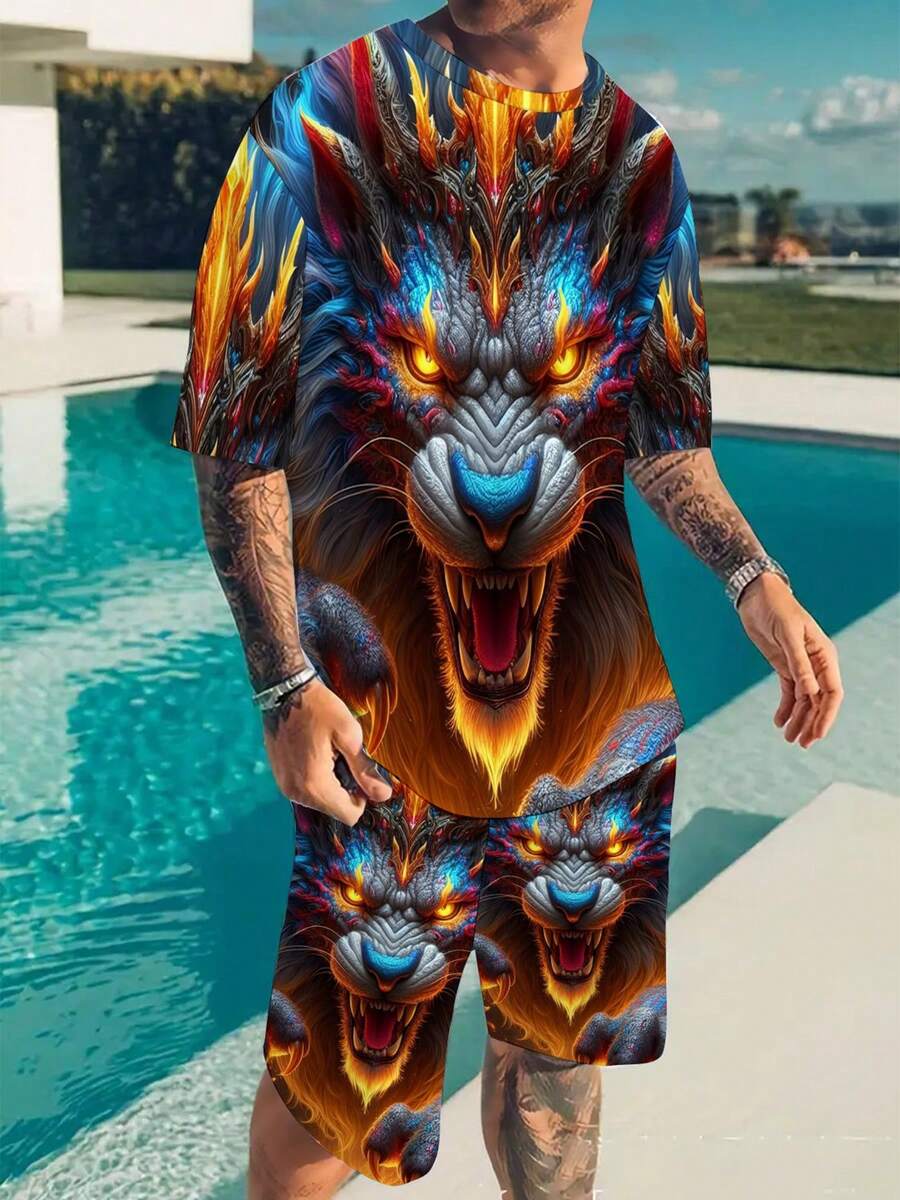 Men's 2pcs Dragon Print Athletic Set - Breathable Quick-Dry Full-Body Dragon Scale Design T-Shirt & Matching Shorts, All-Season Gym, Outdoor & Casual Wear, Training & Beach Outfits, Comfortable Athletic Suit For Men (Blue/Black/Golden/Orange) - Round Neck Short Sleeve T-Shirt & Matching Shorts With Fierce Dragon Print, Ideal For Hiking, Running, And Casual Outings, Hand Wash Dry Clean - style - 查看 1