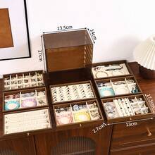 1个抽屉式首饰盒，8层大容量多功能首饰收纳盒，天鹅绒内衬防刮，抽屉式设计方便取用，适合收纳耳环、手镯、手表、项链、戒指、钥匙、饰品等，节日礼物，送给朋友的优雅礼物 - 茶色外框 - 查看 3