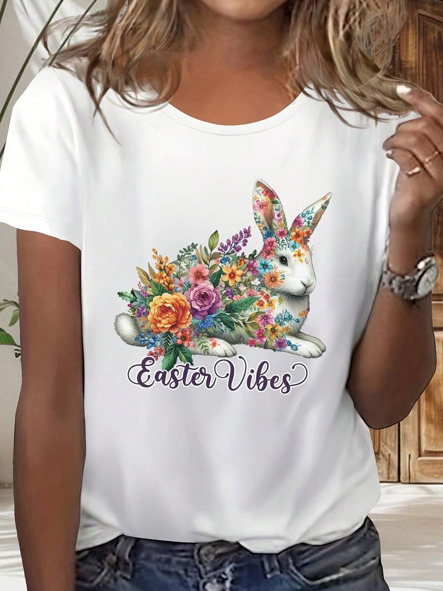 Camiseta De Manga Corta Para Mujer Con Estampado De Huevos De Pascua Y Pollitos - Blusa Casual De Cuello Redondo Para Primavera Verano Para Atuendo Casual, Top De Manga Corta Lavable A Máquina - En Stock (corte Regular) 670223 - [Blanco] - Ver 1