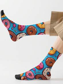 1 Pair Men's 360° All-Over Printed Socks - Featuring Donut Pattern, Soft & Comfortable With Good Elasticity, Fashionable Casual Streetwear Style, Suitable For Compression Socks, Valentine's Day Socks Or Maternity Loose Socks. - Multicolor - View 5