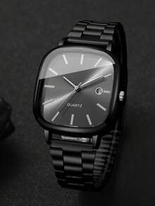 2pcs/Set Men's Gift Watch - Square Dial Fashion Engraved Calendar Dial Classic Stylish Quartz Wristwatch + Bracelet (Watch Box Not Included) - Black - View 6