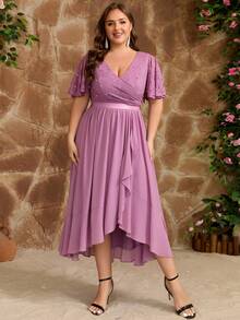Plus Size Women's V-Neck Lace Chiffon High-Low Bridesmaid Dress, Elegant Wedding Guest Cocktail Party Dress With Shiny Ruffle Hem - Mauve Purple - View 5