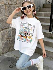Disney Summer Tops,Disneyland Disney Mickey Mouse Print Graphic Tee, Perfect For Cute Girls. Teen Girl Gift,Comfortable And Breathable Children's Short-Sleeved T-Shirt. 180g Pure Cotton Children's Clothes,Suitable For Both Boys And Girls.Suitable For Daily Wear, Vacations, Outdoor Activities, And As A Children's Gift. - White - View 1