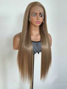 Stunning Linen Gold Hair Synthetic Lace Front Wigs 26 Inch Pre Plucked Long Straight Hair Wigs 13X4 HD Lace Wigs Glueless Linen Gold Wigs Heat Resistant Wigs Linen Gold Long Silky,Suitable For Fashionable Ladies To Wear On A Daily Basis. - Linen Gold - View 8