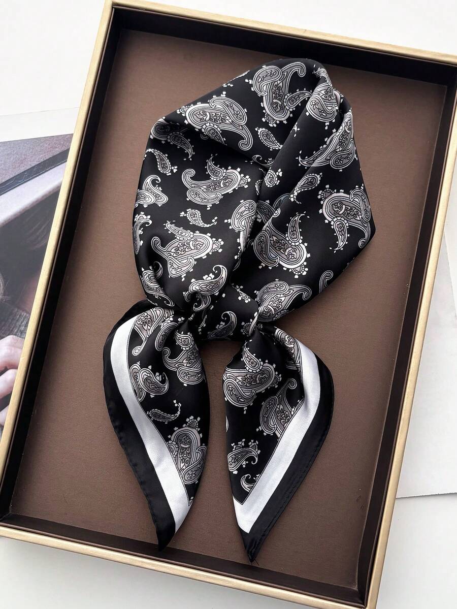 1pc Paisley Print Faux Silk 70cm Square Scarf, Men's Bandana, Versatile Neck Scarf, Sun Protection Headwrap - Black and White - View 1