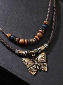 Dây chuyền mặt dây hình bướm phong cách Bohemian cổ điển, làm từ hạt gỗ và da, nhiều lớp, có thể điều chỉnh độ dài, phụ kiện thủ công độc đáo theo phong cách phù thủy dành cho nam và nữ. - Cà phê nâu - Xem 2