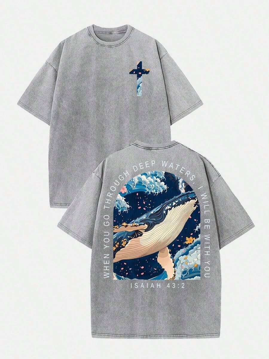 2026 Summer Clothes(230g T-Shirt) Loose Washed Cotton "When You Go Through Deep Waters" Turtle Graphic T-Shirt, Comfortable Christian Faith Tee With - 灰色 2 - 查看 1