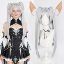 银灰色长直双马尾cosplay假发，带精灵耳朵，耐热合成纤维双马尾动漫cosplay假发，带刘海，适合节日、漫展、cosplay派对、哥特萝莉风格及日常佩戴 - 自然中分，可拆卸爪夹马尾，逼真造型，女性生日礼物 - 銀色 - 查看 1