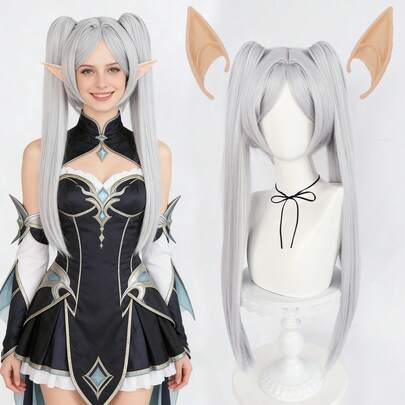 银灰色长直双马尾cosplay假发，带精灵耳朵，耐热合成纤维双马尾动漫cosplay假发，带刘海，适合节日、漫展、cosplay派对、哥特萝莉风格及日常佩戴 - 自然中分，可拆卸爪夹马尾，逼真造型，女性生日礼物