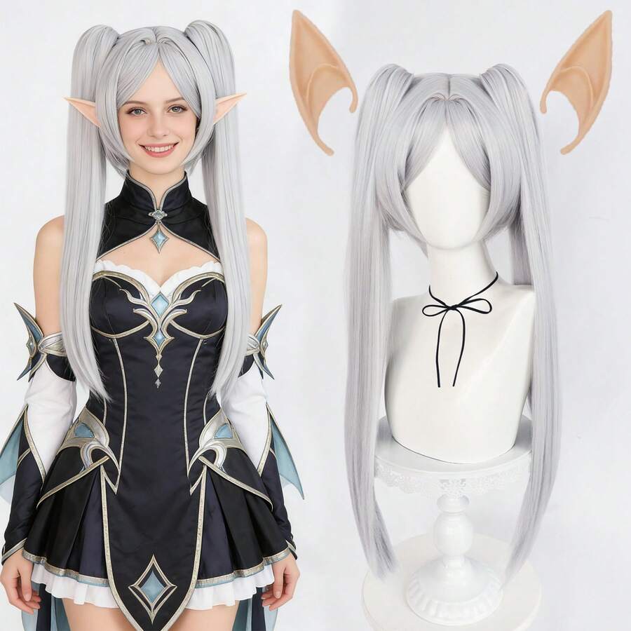 银灰色长直双马尾cosplay假发，带精灵耳朵，耐热合成纤维双马尾动漫cosplay假发，带刘海，适合节日、漫展、cosplay派对、哥特萝莉风格及日常佩戴 - 自然中分，可拆卸爪夹马尾，逼真造型，女性生日礼物 - 銀色 - 查看 1