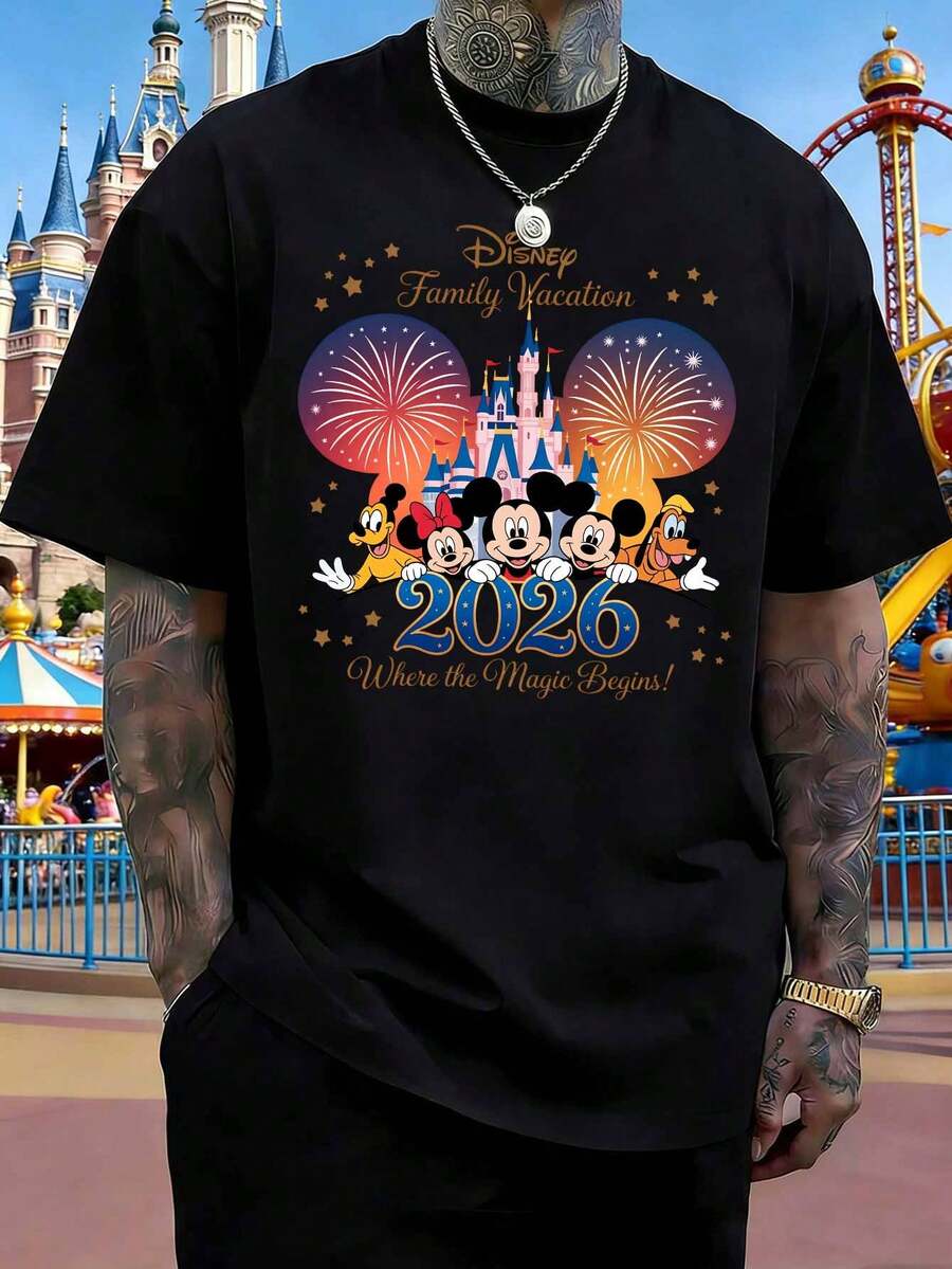 Disney 2026 Mickey Mouse Head Castle Fireworks Print T-Shirt, Men's Summer Crew Neck T-Shirt, Comfortable, Soft, Pure Cotton, Breathable T-Shirt, Suitable For Everyday Wear, Outings, Commuting, Parties, And More. - Black - View 1