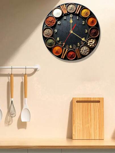 10/12 Inch Silent Round Clock, Decorated With Various Spices And Seasonings, Made Of Wooden Material, Equipped With Quartz Movement, Mixed Tone With Gold Accents, Battery Operated (Batteries Not Included), Suitable For Bedroom, Kitchen, Study