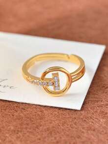 时尚个性的 24k 镀金/镀铂金 T 形可调节女式戒指，镶嵌白色锆石，是女性日常佩戴、派对、婚礼、节日礼物的理想之选。 - 時尚 - 查看 1