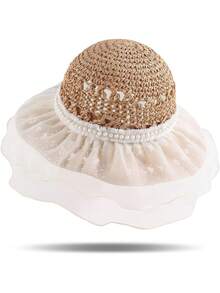 1顶蕾丝边珍珠网纱草帽，女士沙滩帽，宽檐可折叠旅行渔夫帽，春夏款 - 多色 - 查看 6